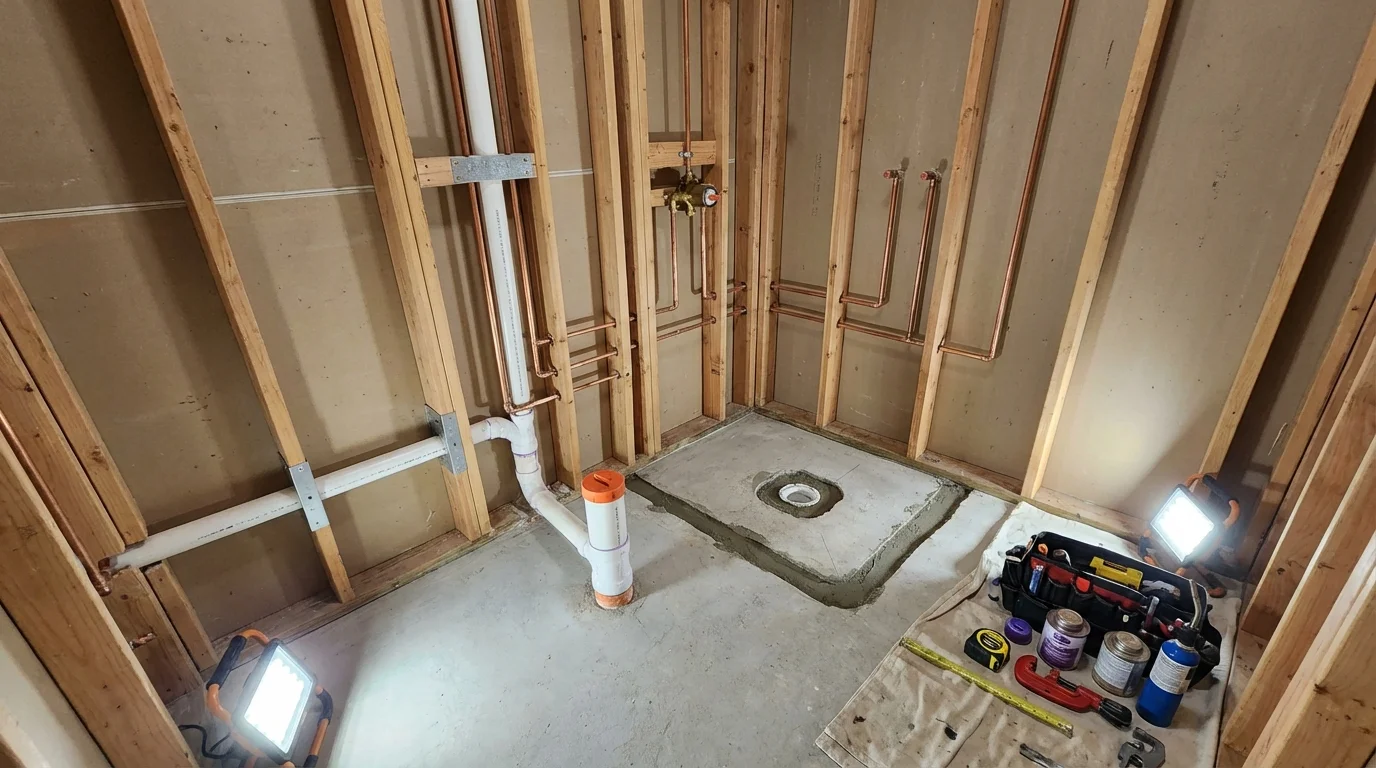 Bathroom rough-in plumbing during remodel by Johns Plumbing LLC in Lincoln City