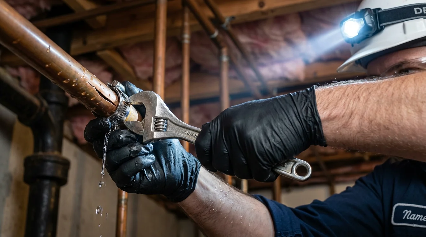 Emergency pipe clamp repair being performed by a Johns Plumbing LLC plumber in Lincoln City