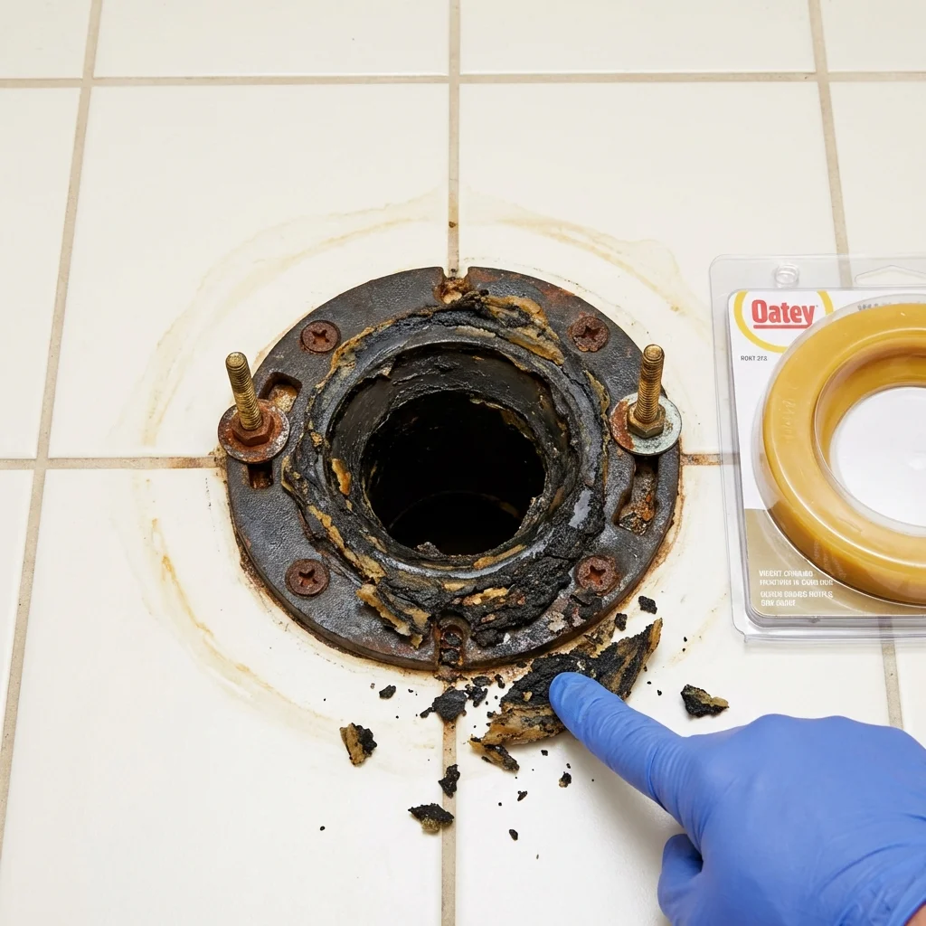 Failed wax ring showing water seepage at the base of a toilet in a Lincoln City, OR home