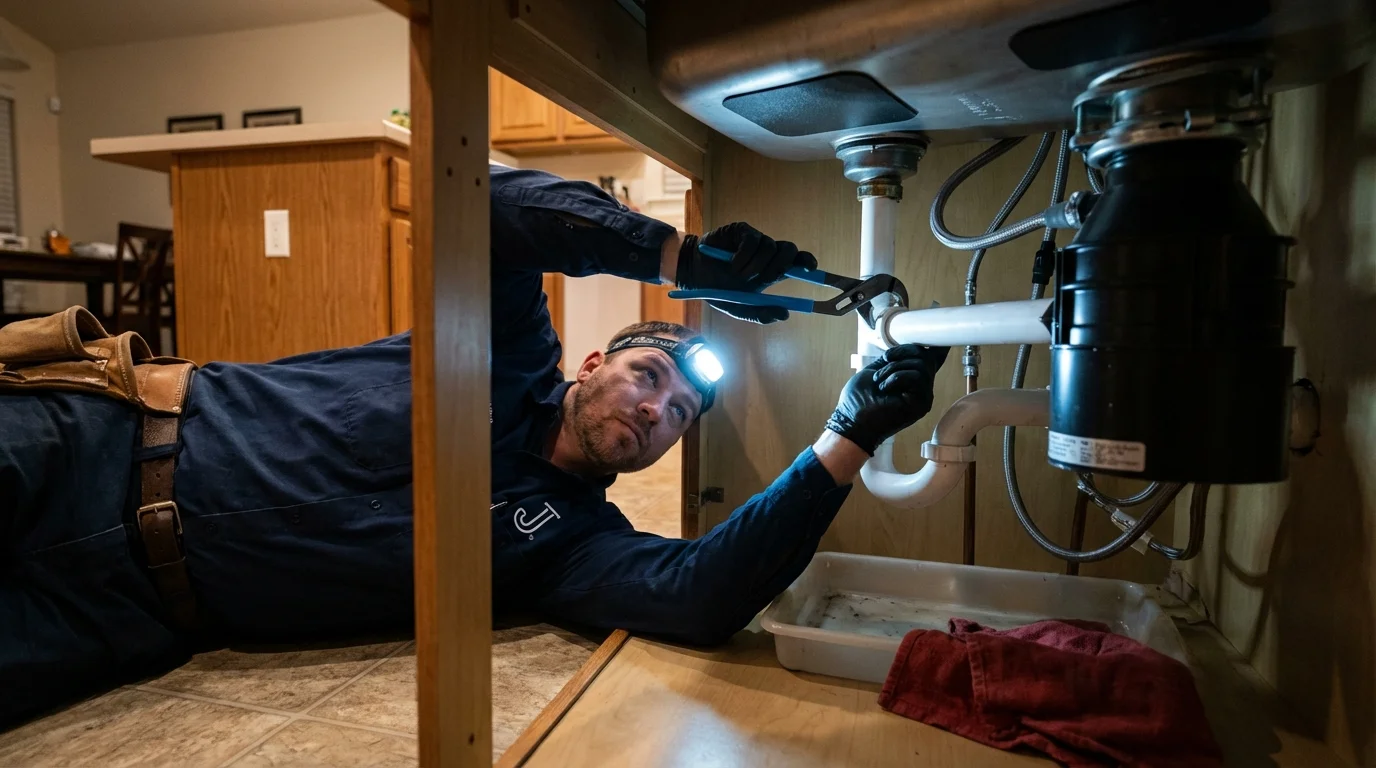 P-trap and supply line connections under a kitchen sink showing a common leak point in Lincoln City, OR